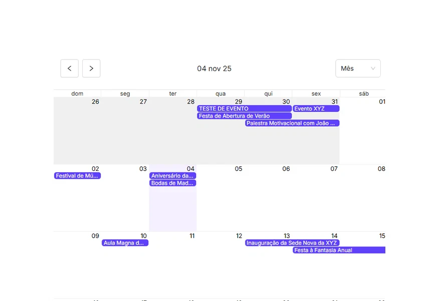 Tela do módulo Calendário no Eventool